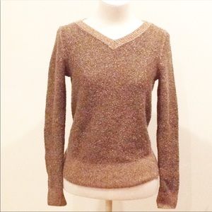 Ann Taylor Metallic Gold Sparkly V-Neck Sweater